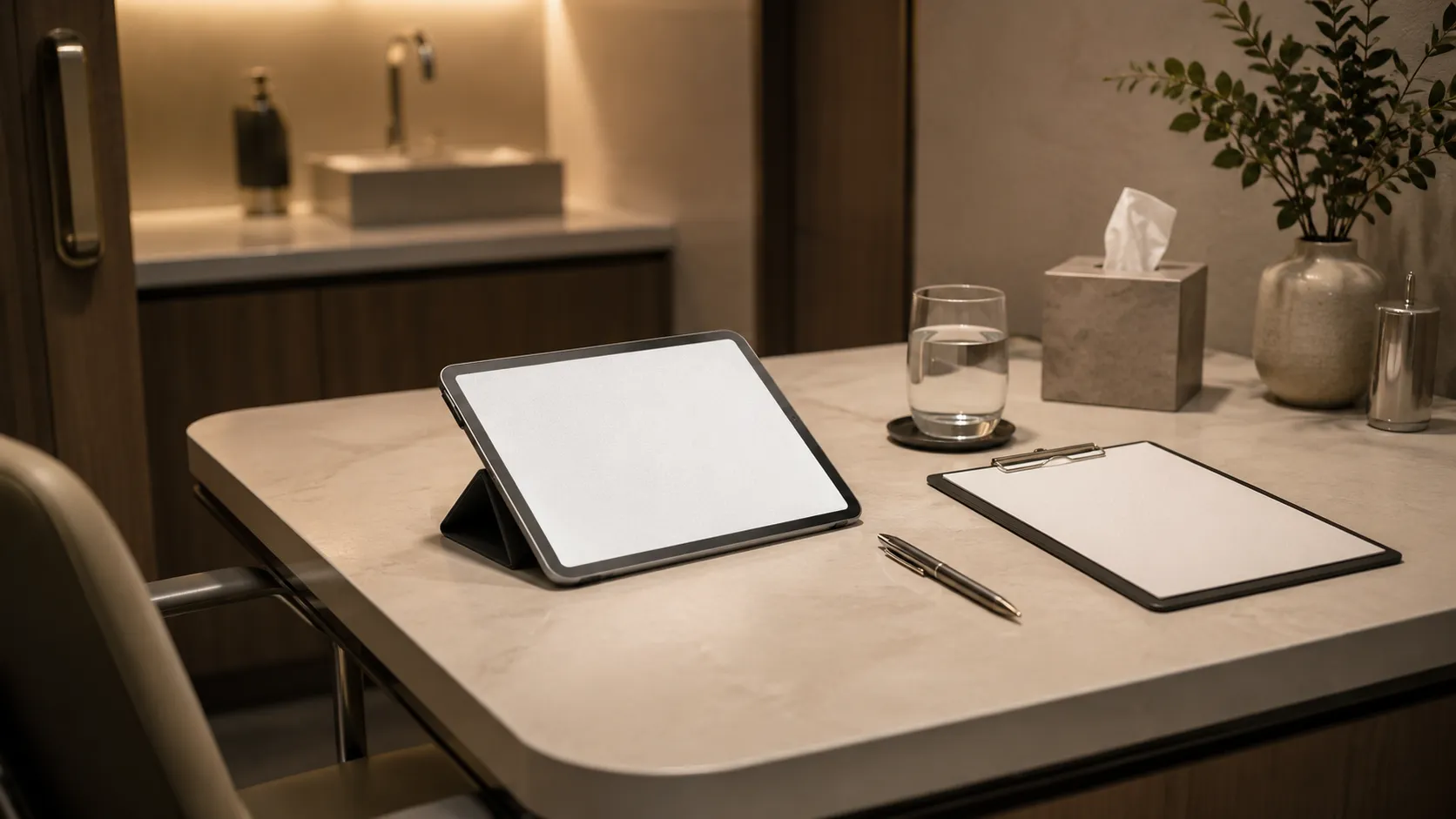 カウンセリングルームのデスク。問診用のタブレットと水が置かれている