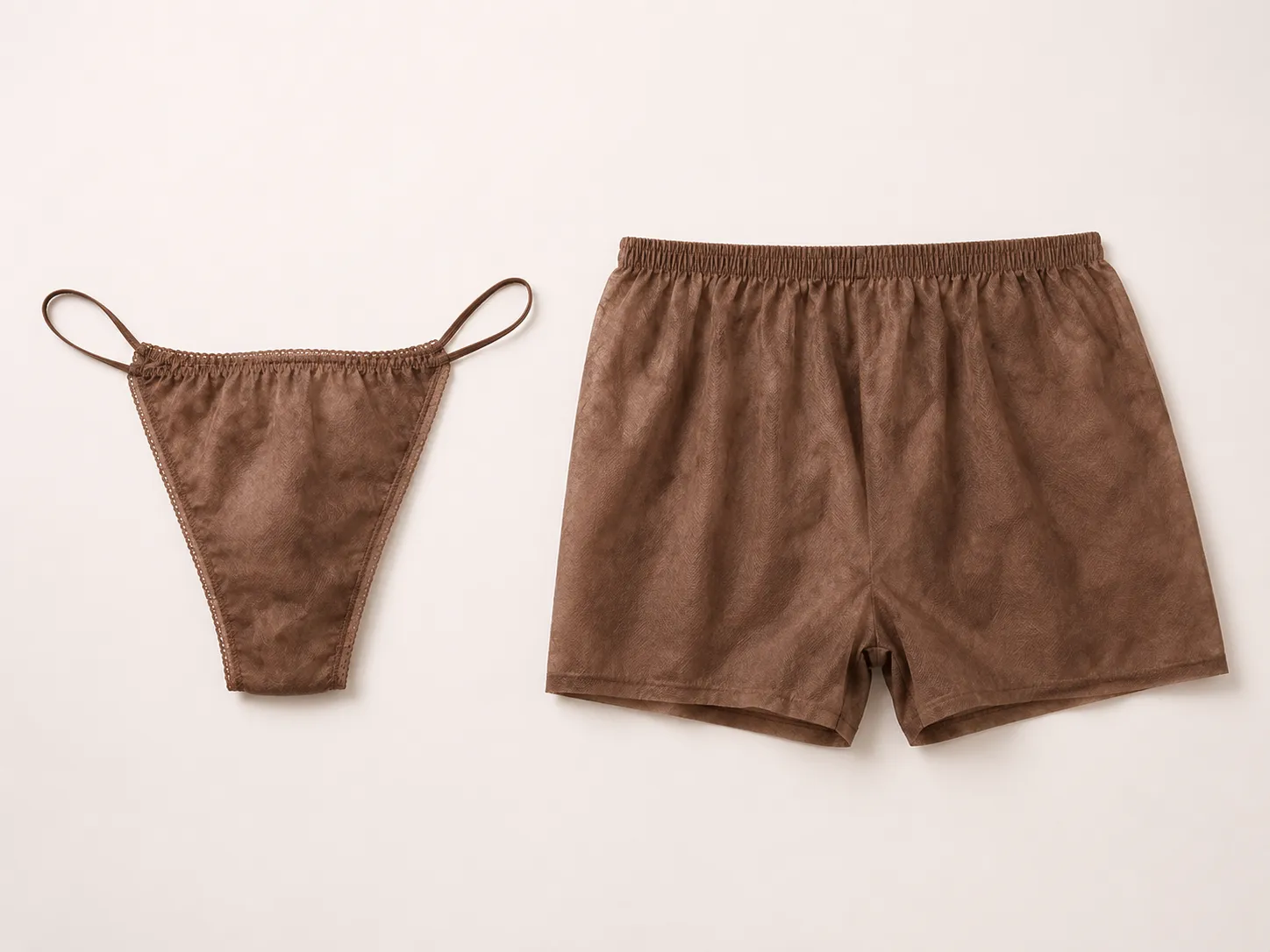 施術で渡される使い捨ての紙パンツ（前を隠すタイプ）と紙トランクス。色は茶色