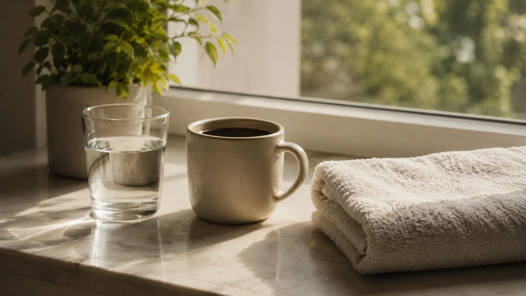 朝の光が差し込む窓辺に置かれた水のグラスとコーヒー、畳んだタオル。回復に向かう穏やかな朝のイメージ